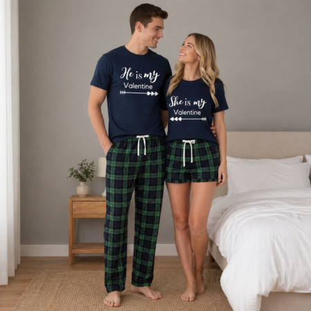 matching couples valentines green and navy pyjamas