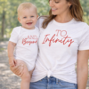 Matching mum and baby tops saying to infinity and beyond