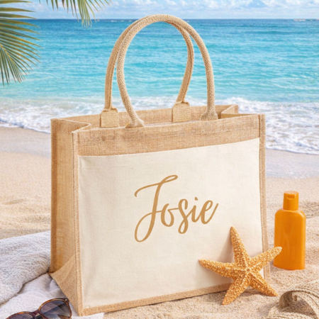 a jute beach bag with a personalised name