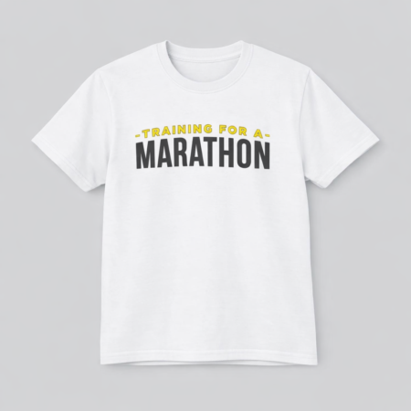 a white t-shirt that has training for a marathon printed