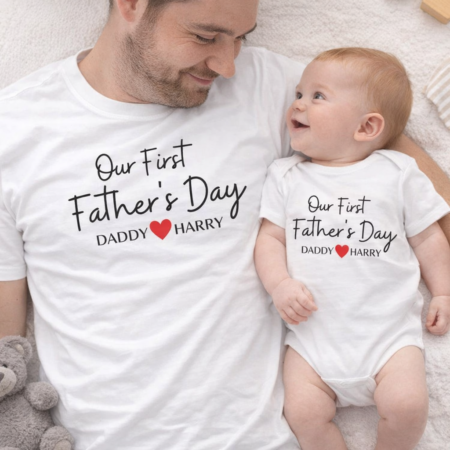 matching dad and baby tops that have our first fathers day printed on them