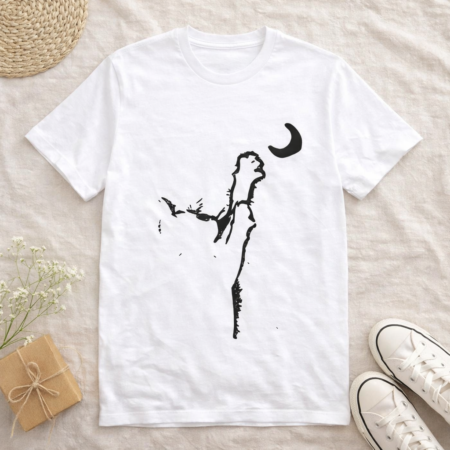 a white t-shirt with a black cat design printed