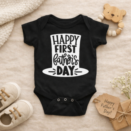 a baby vest that has Happy first fathers day printed on it