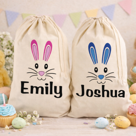 a easter sack with personalised child's name and bunny ears