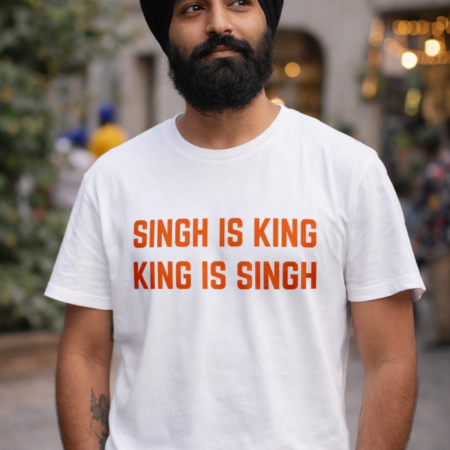 white T-shirt with funny punjabi slogan - Singh is king