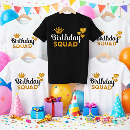 white kids tshirt that says Birthday squad