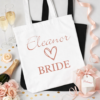 white cotton tote bag that says bride for hen parties