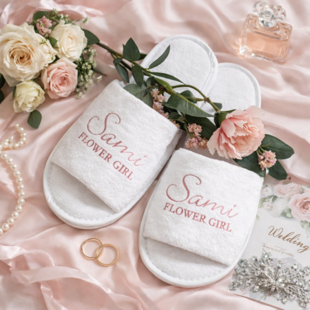 Personalised white bridal party slippers with name and role such as Flower girl, bridesmaid