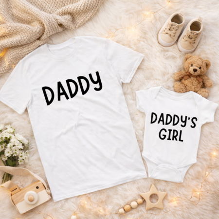 White adult tshirt that says Daddy and matching baby white vest that says daddys girl