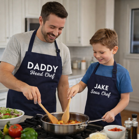Matching Dad and child personalised aprons with head chef and sous chef