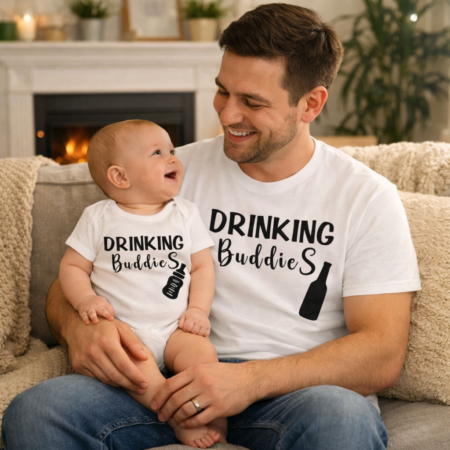 matching dad and baby tops that say Drinking buddies great gift for father days