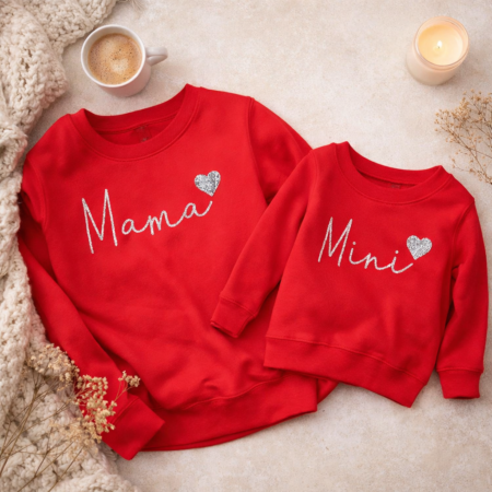 red matching sweatshirts for mum and child mama and mini tops