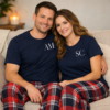 matching initials couple red and navy tartan pyjamas