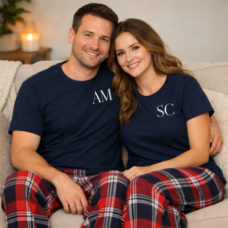 matching initials couple red and navy tartan pyjamas