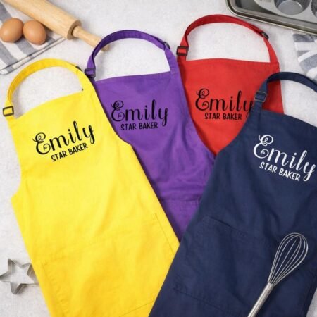 Personalised Star Baker aprons in bright colours with baking tools — custom baking gift for adults.
