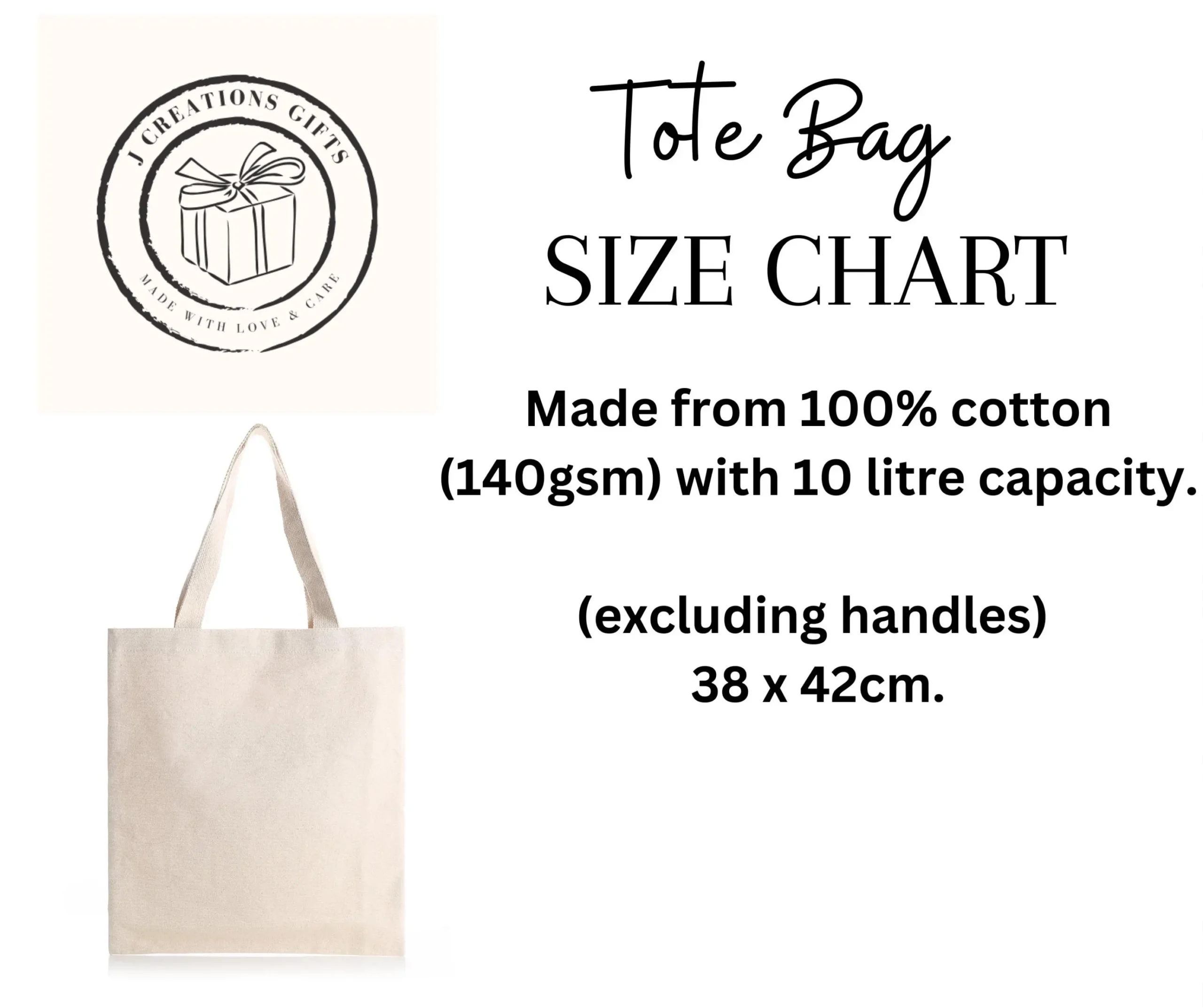 Cream canvas tote bag with dimensions 38cm x 42cm