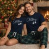 A couple wearing matching Merry Christmas Pyjamas
