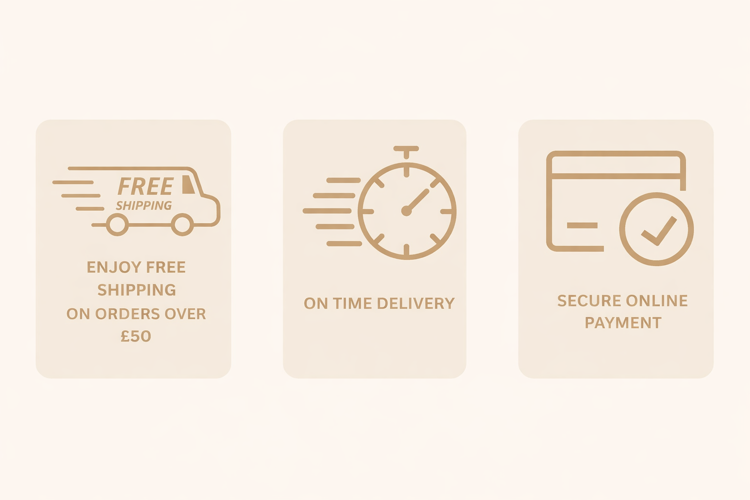 JCreations Gifts beige feature panels highlighting free UK shipping on orders over £50, on-time delivery, and secure online payment.