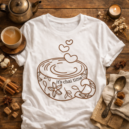 A white T-shirt with a brown line-art chai cup and “it’s chai time” text lies flat on a rustic wooden surface surrounded by cozy indoor props — a steaming cup of chai, brass teapot, cinnamon sticks, star anise, jaggery pieces, and a lit candle — creating a warm, inviting atmosphere.