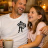 Father in his late 30s wearing a white “You’re My Hero” T‑shirt laughing with his 10‑year‑old daughter on a cosy sofa in a warm home setting.