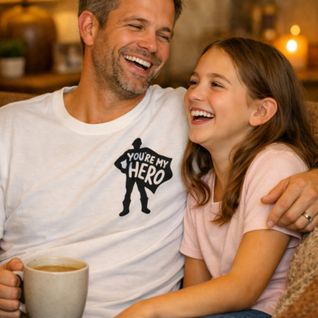 Father in his late 30s wearing a white “You’re My Hero” T‑shirt laughing with his 10‑year‑old daughter on a cosy sofa in a warm home setting.