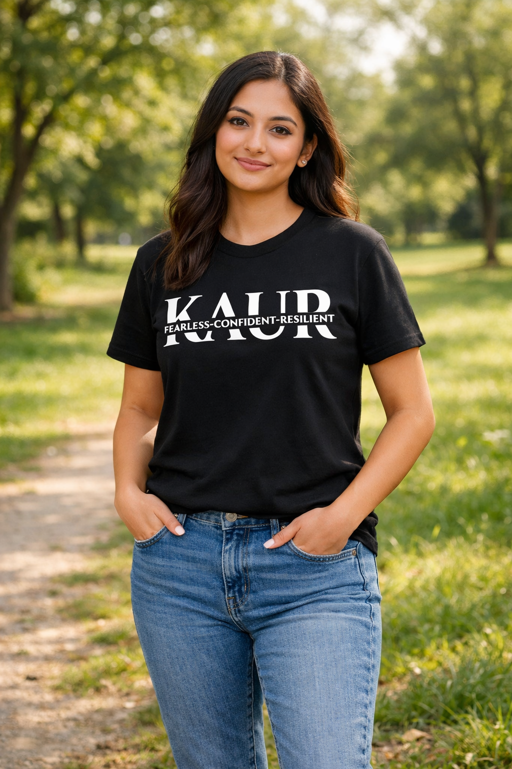Sikh woman with light brown skin and long hair standing in a sunlit park, wearing a black T‑shirt with white KAUR text and the words ‘Fearless‑Confident‑Resilient,’ paired with blue jeans and white trainers.