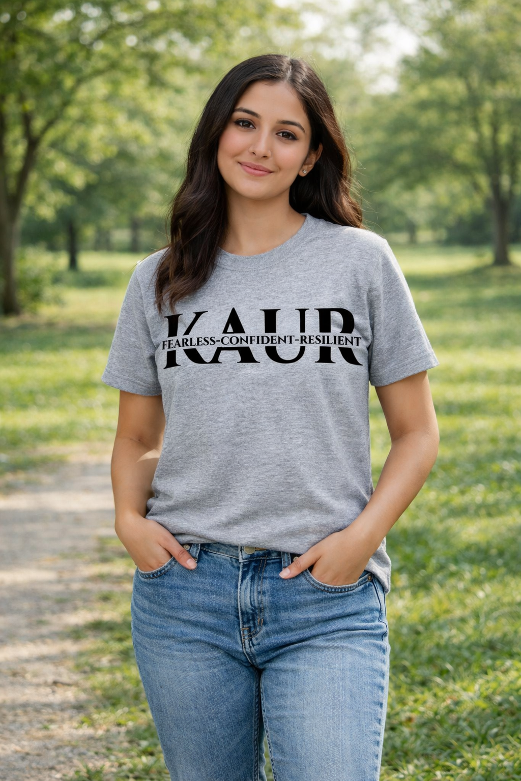 Sikh woman with light brown skin and long hair standing in a green park, wearing a heather grey KAUR T‑shirt with black text, blue jeans, and white trainers, smiling softly with hands in her pockets