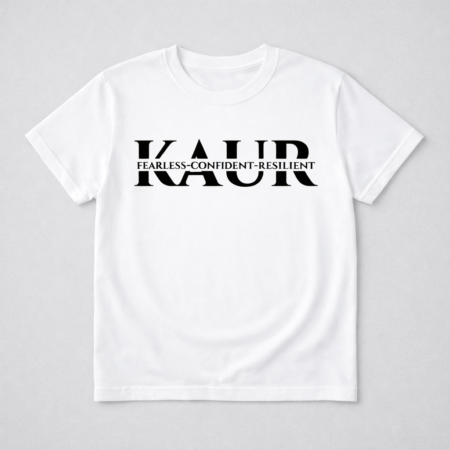 White tshirt with the word KAUR printed on the front