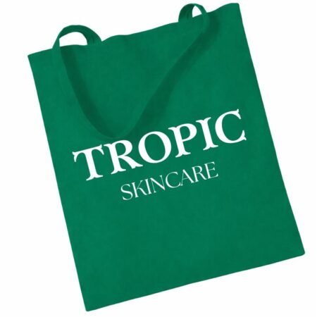 Tropic Skincare green tote bag with white logo, reusable branded skincare accessory.