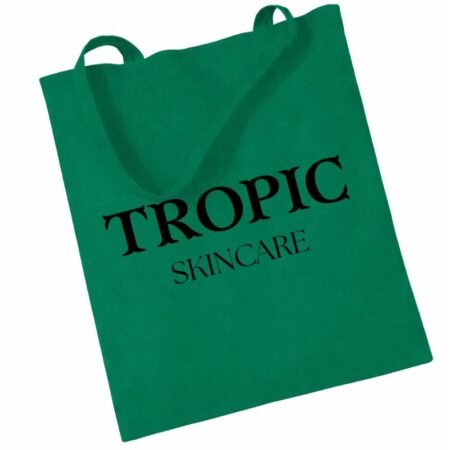 Tropic Skincare green tote bag with black logo, reusable branded skincare accessory.