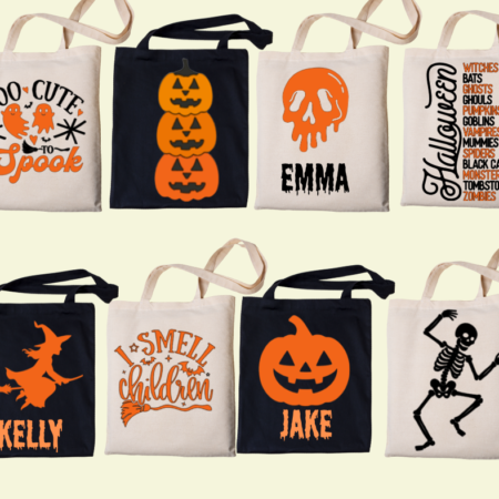 Personalised Halloween trick or treat tote bags with custom names, available in black and natural cotton featuring pumpkin, ghost, witch and skeleton designs.